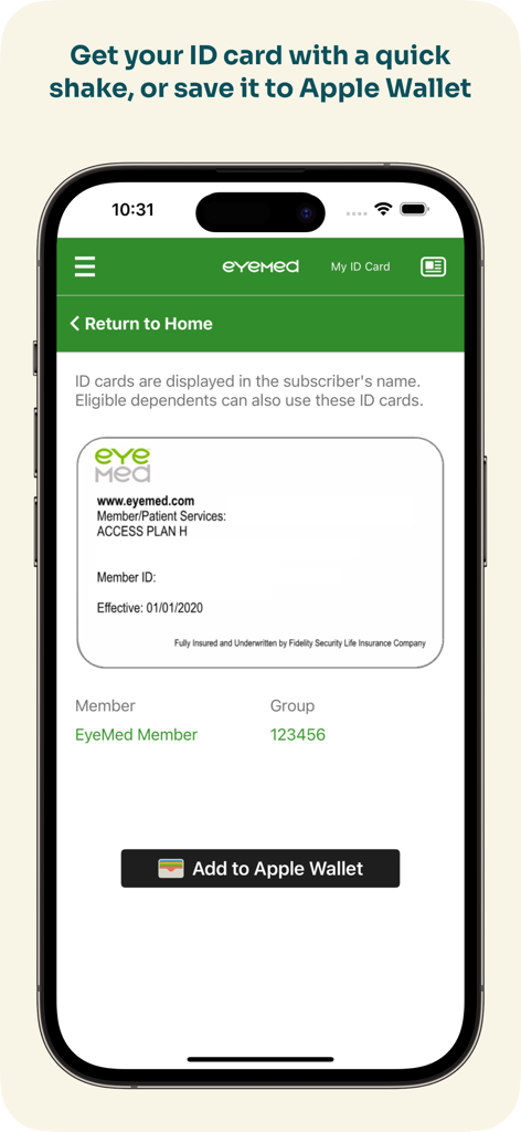 EyeMed - EyeMed app screen showing a digital insurance ID card and an option to add to Apple Wallet