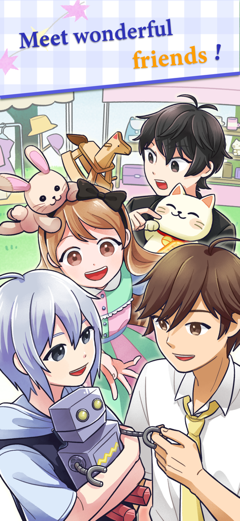 Treasure Flea Market: Cozy Sim - ゲーム「Treasure Flea Market Cozy Sim」の陽気なアニメスタイルのキャラクターと小さなロボットのグループ。「素敵な友達に会おう」というテキストが表示されています。