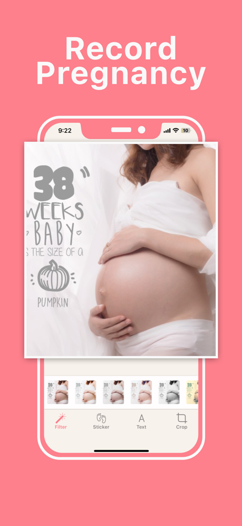 Baby Art: Baby Photo Editor - Captura de pantalla de la aplicación Baby Art mostrando una foto de hito del embarazo con una pegatina indicando 38 semanas y el tamaño de una calabaza.