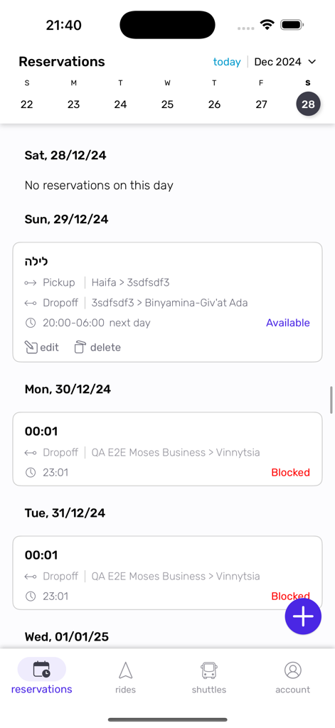 SHIFT world of transportation - A mobile interface showing the reservations screen of the SHIFT app with a list of upcoming shuttle pick up and drop off schedules.
