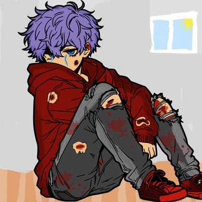 a male hoddie ripped jeans messy hair anime