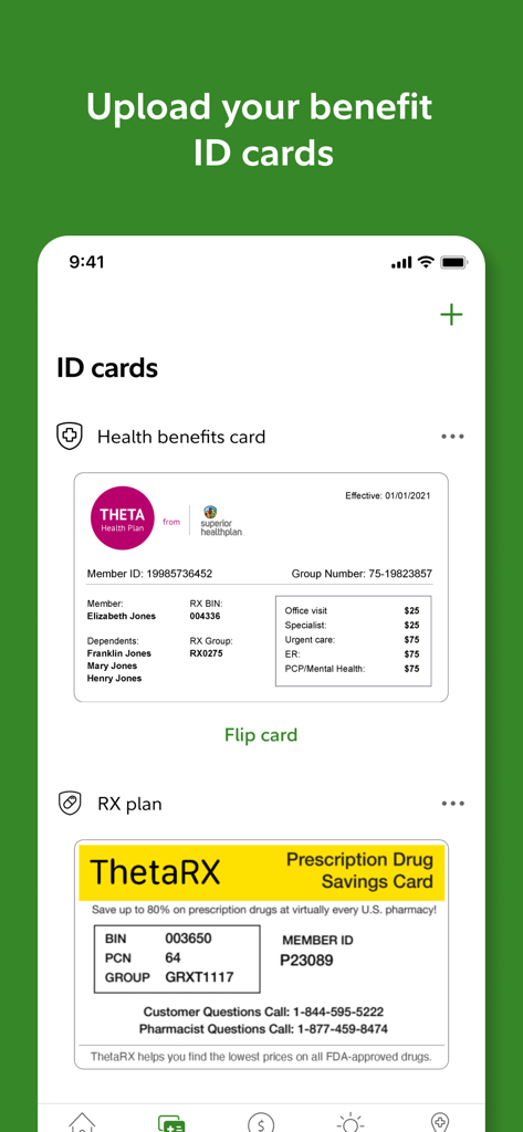 Interface of the Fidelity Health app showing digital storage for health insurance and prescription drug savings ID cards