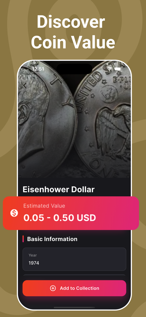 Coin Identifier: Value Check - A mobile app screen showing the identification results and estimated value for a 1974 Eisenhower Dollar coin