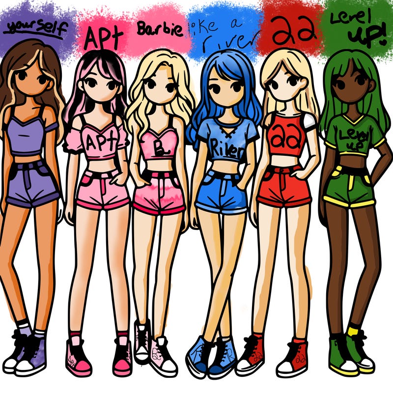 a group of girls wearing crop tops and shorts