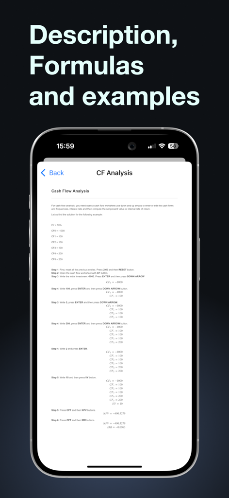 BA Financial Calculator Plus app displaying cash flow analysis with step-by-step formulas and examples