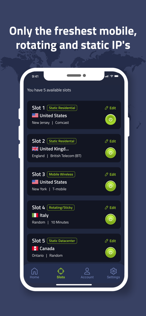 Mobile app interface displaying multiple VPN connection slots for residential mobile and rotating IPs.
