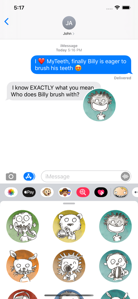 MyTeeth - iMessage conversation between parents using MyTeeth character stickers
