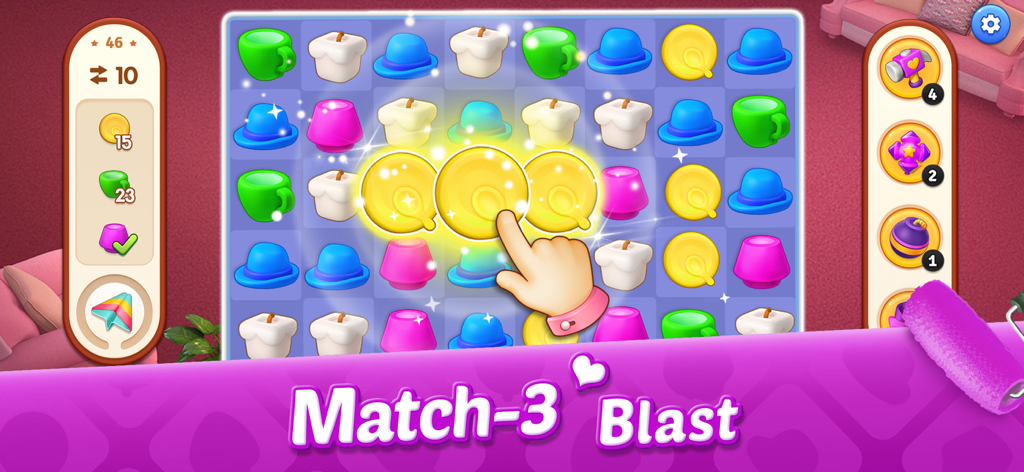 A match-3 puzzle gameplay screen from My Home Design Dreams showing colorful objects and a hand gesture making a match.