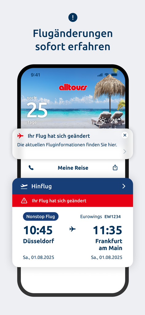 mein alltours - Mein Alltours app interface showing real time flight change notifications and outbound flight details