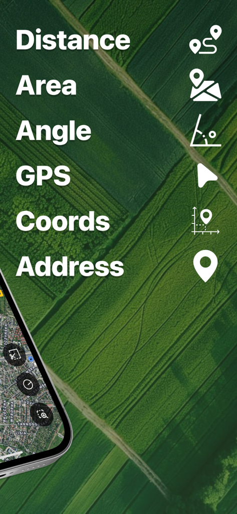 Field MapS - Measure Land GPS - Lista de funciones de medición en la aplicación Field MapS que incluyen distancia, área y coordenadas GPS