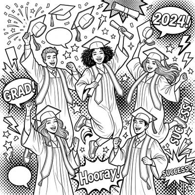 Dive into the excitement of graduation with this lively Pop Art coloring page featuring cheerful teenage graduates. Perfect for celebrating achievements and adding a splash of vibrant color to a momentous occasion.