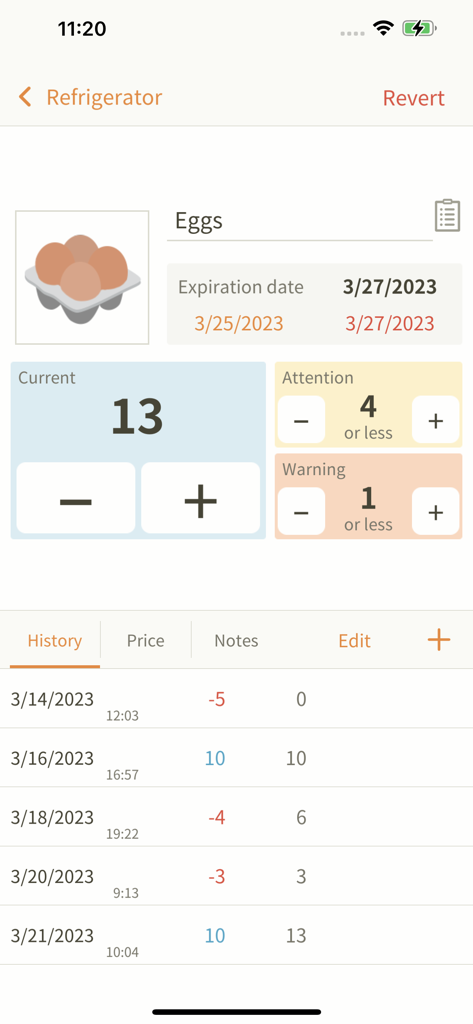 My Inventory LT – Home Tracker - 卵の在庫追跡画面。在庫レベルと賞味期限が表示されています。