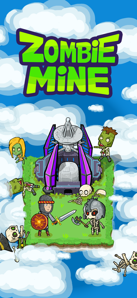 Zombie Mine - survival craft - Promotional artwork for Zombie Mine survival craft featuring a knight battling zombies and skeletons on a floating island base