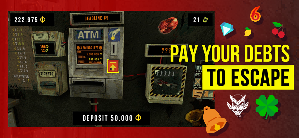 CloverPit - Gameplay de CloverPit montrant un distributeur automatique dans une cellule sombre avec le texte Payez vos dettes pour vous échapper
