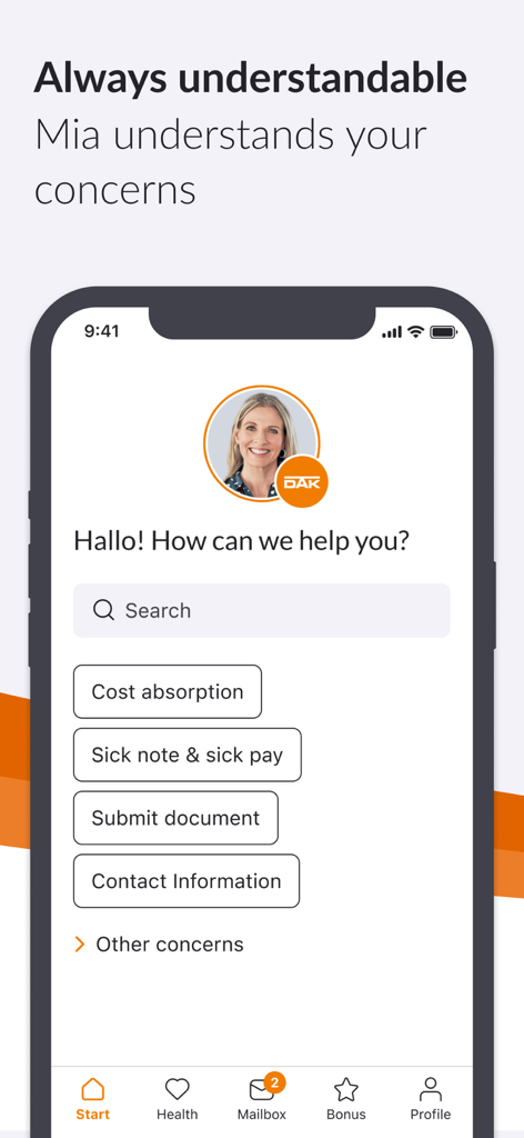 DAK app interface showing help search options and digital assistant Mia for health insurance support