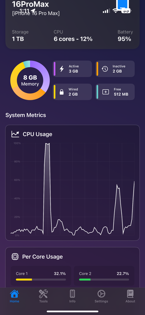 Painel do aplicativo Lirum Device Info 2 exibindo métricas de sistema em tempo real, incluindo distribuição de memória e gráfico de uso da CPU em um iPhone 16 Pro Max.