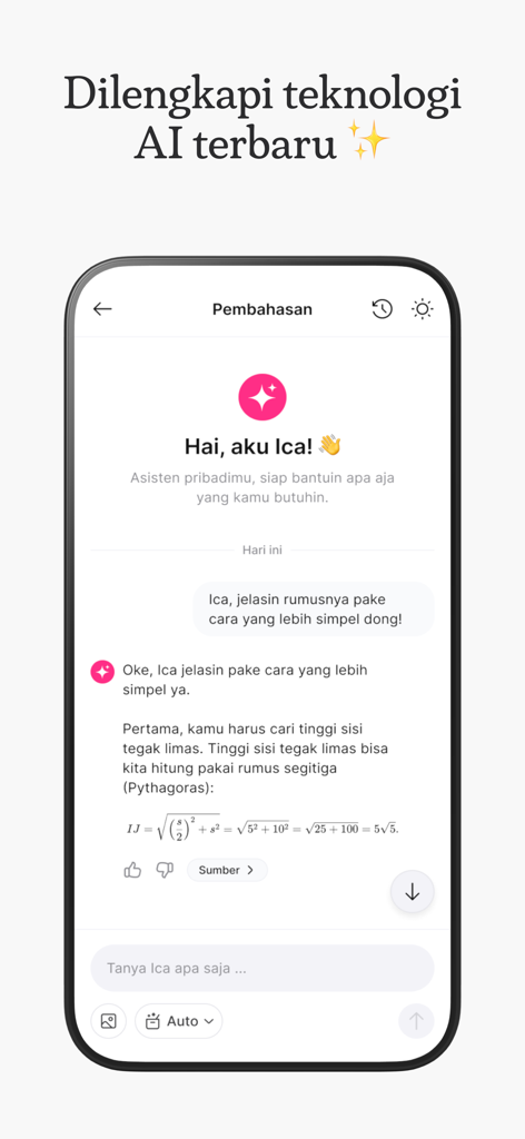 Analitica: Bantu Lolos Seleksi - Analitica app ICA AI tutor providing a step by step mathematical explanation in a chat interface