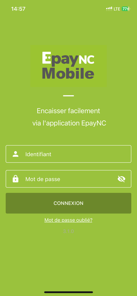 EpayNc - Anmeldebildschirm der EpayNC Mobile App mit Feldern für Identifikator und Passwort auf grünem Hintergrund