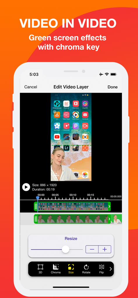 Screen Recorder - Record.TV - A mobile app interface demonstrating video-in-video editing with green screen effects and chroma key for reaction videos.