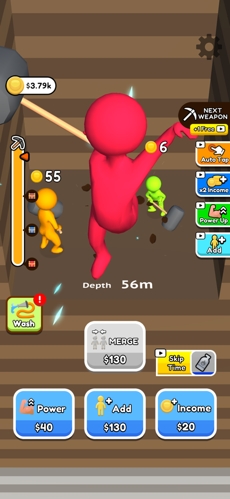 Dig Dig ASMR - Stick figure characters digging underground in the Dig Dig ASMR idle game with upgrade menus visible