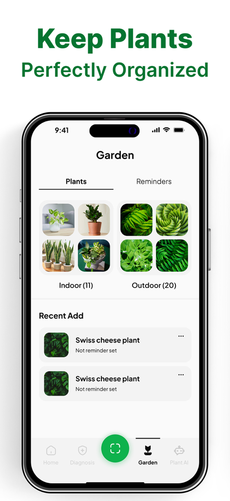 Painel do aplicativo Leafy mostrando coleções organizadas de plantas internas e externas em um jardim digital.