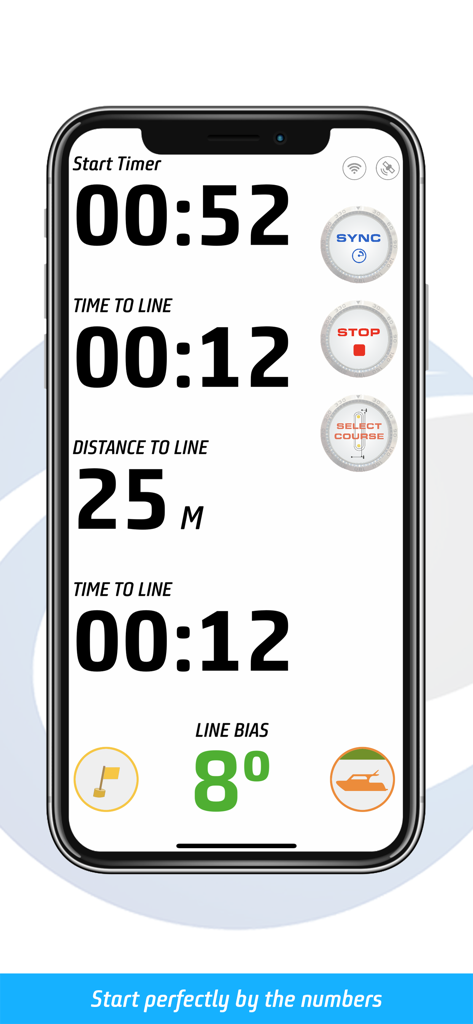 Interfaz de la aplicación Tactiqs mostrando un cronómetro de salida de regata de vela con datos de tiempo y distancia a la línea.
