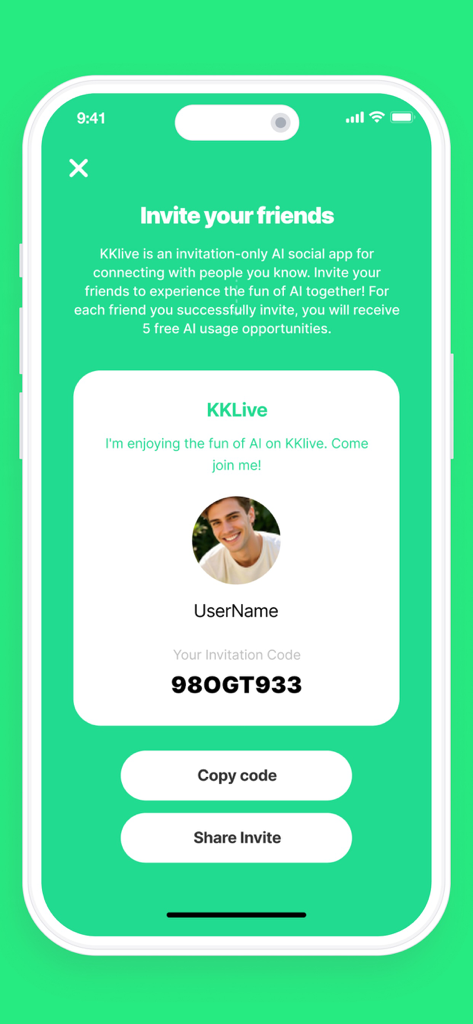 Reso – Stories & Community - Una interfaz móvil de la aplicación Reso que muestra un código de invitación y opciones para compartirlo o copiarlo e invitar amigos.