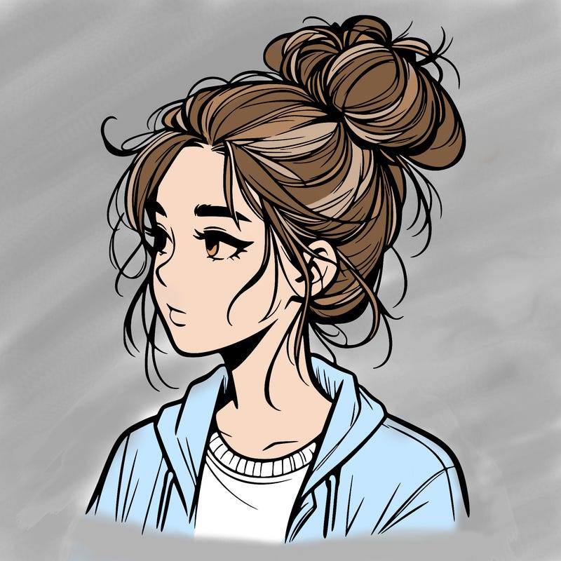 realistic teenage girl with a messy bun
