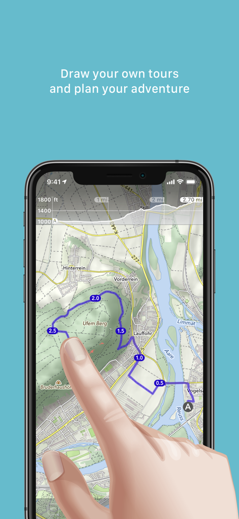 MapOut - A person drawing a custom outdoor tour route with their finger on a topographical map within the MapOut app.