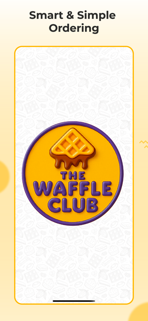 The Waffle Club - Pantalla de inicio de la app The Waffle Club con el logo de la marca y el lema Pedidos Inteligentes y Sencillos.