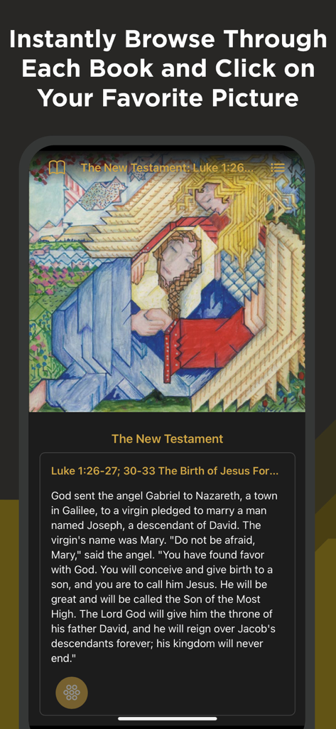 Capture d'écran de l'application Bible Wiedmann montrant une illustration peinte à la main d'une histoire du Nouveau Testament selon Luc