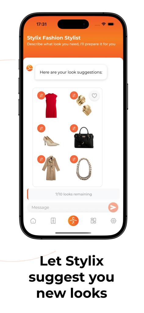 Stylix AI - Stylix AI app interface showing a suggested outfit with a red dress and matching accessories.