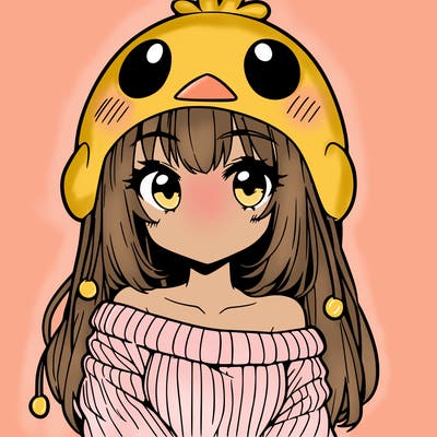 anime girl with chick shaped hat with sweater with bare shoulders with bangs covering them one eye with low tail