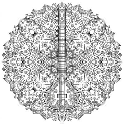 Dive into a world of intricate beauty with this stunning Sitar mandala coloring page. Designed for adults, it offers a meditative and engaging experience combining musical elegance with detailed artistry.