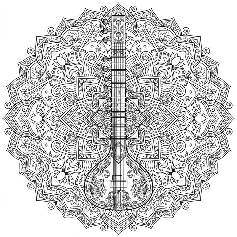 Dive into a world of intricate beauty with this stunning Sitar mandala coloring page. Designed for adults, it offers a meditative and engaging experience combining musical elegance with detailed artistry.