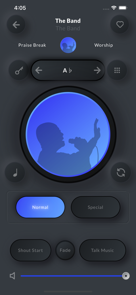 The main interface of Whoop Triggerz Plus showing Praise Break and Talk Music controls.