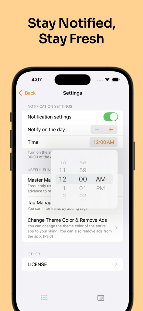 Pantalla de configuración de la aplicación gestora de caducidades de alimentos que muestra la hora de notificación personalizada y las opciones de frecuencia