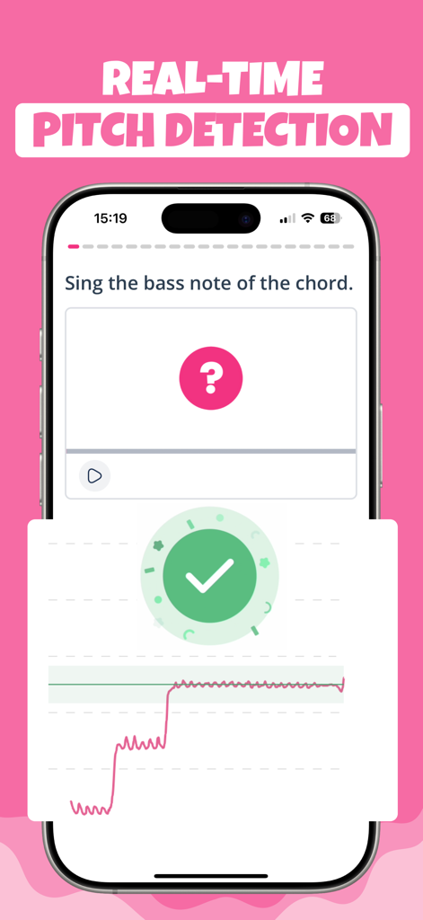Smartphone screen showing the Trill app real-time pitch detection feature for vocal training.