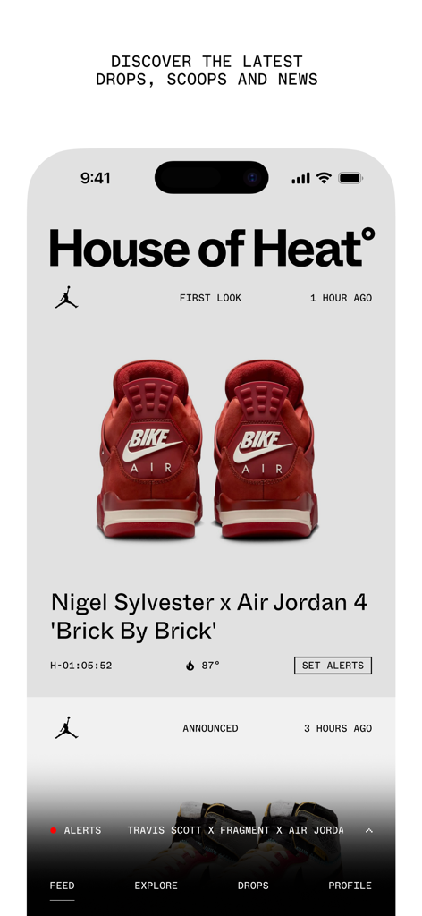 House of Heat - Interfaz de la app House of Heat mostrando un primer vistazo a las zapatillas Nigel Sylvester x Air Jordan 4 con noticias y alertas de lanzamiento.