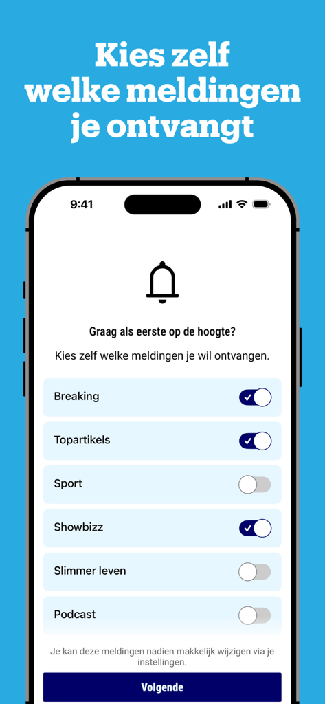 Nieuwsblad Nieuws - Nieuwsblad アプリでニュース通知をカスタマイズするための画面
