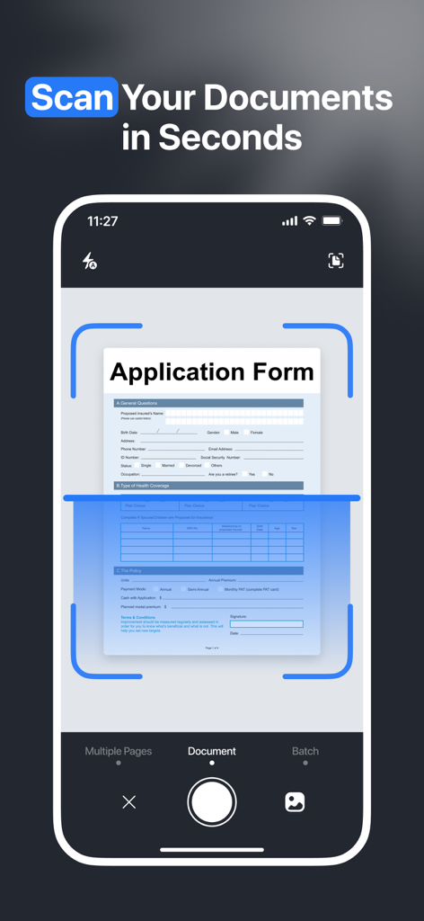PDF Scanner: Photo JPG to PDF - Interfaz de aplicación móvil mostrando el escaneo de un formulario de solicitud en un documento PDF.
