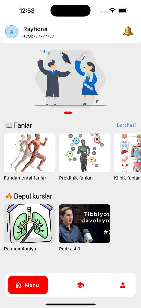 iMed Team - Dashboard of the iMed Team app featuring medical subject categories and free courses in Uzbek.