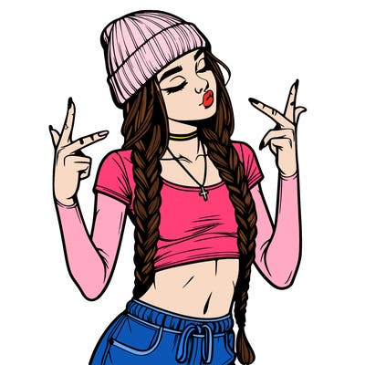 realistic teenage girl with braids and a beanie and crop top doing 🫶🏼