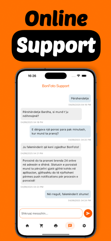 BonFoto - Online support chat interface for the BonFoto photo printing app on an iPhone