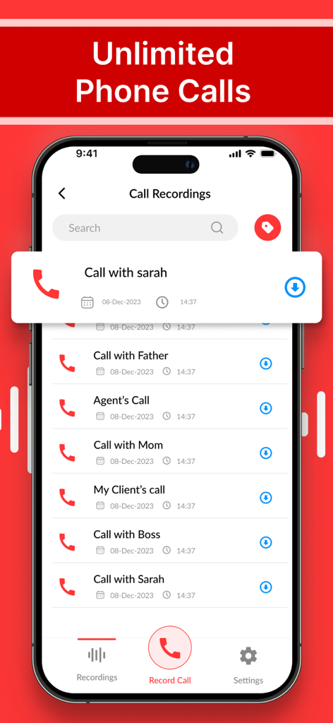 Call Recorder - Record Calls © - iPhone-Screenshot einer Anrufaufzeichnungs-App, der eine Liste gespeicherter Gespräche und ein Banner für unbegrenzte Aufzeichnungen zeigt