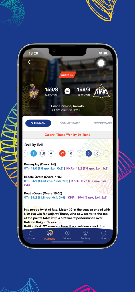 IPL app screen showing match summary and ball-by-ball stats for KKR versus Gujarat Titans