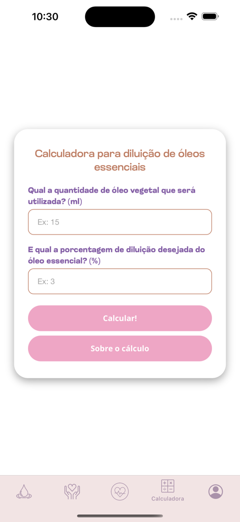 OLYA App - Interface of the OLYA app featuring an essential oil dilution calculator with input fields for vegetable oil volume and dilution percentage.