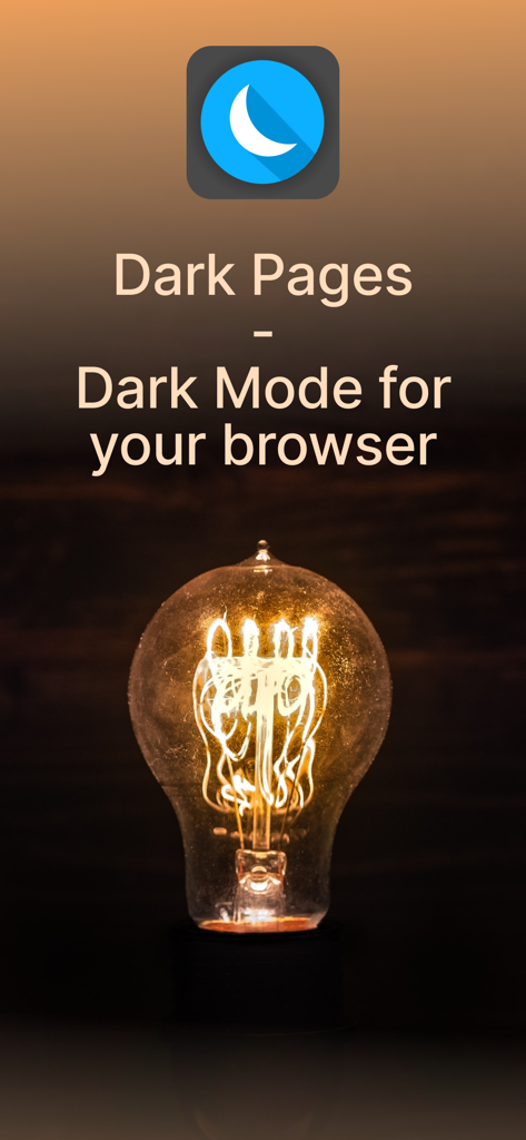 Pantalla de la aplicación Dark Pages mostrando un icono de luna y una bombilla brillante con el título Modo Oscuro para tu navegador