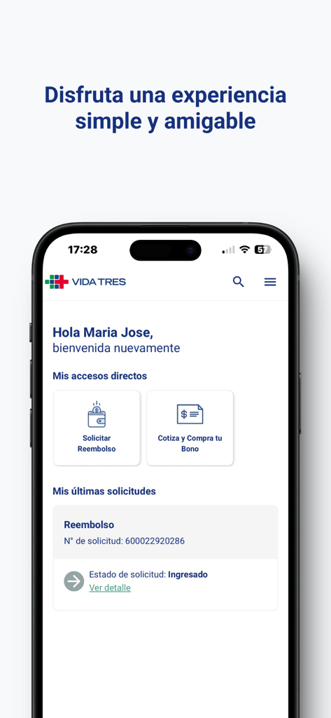 Pantalla principal de la app Vida Tres mostrando opciones para reembolsos de seguro médico y bonos
