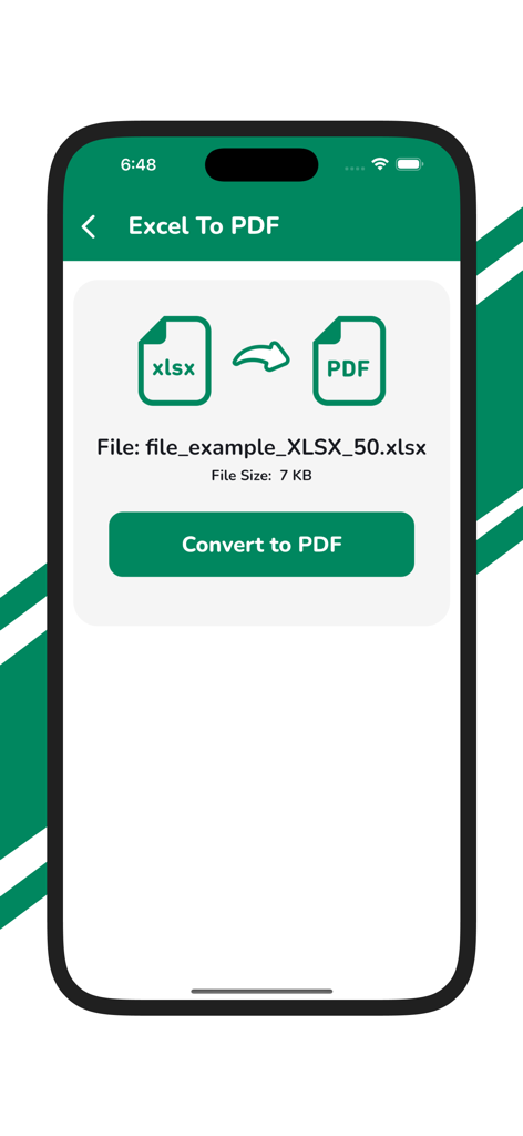 XLSX to PDF Converter - Interface do aplicativo móvel mostrando a opção de converter um arquivo Excel XLSX para PDF